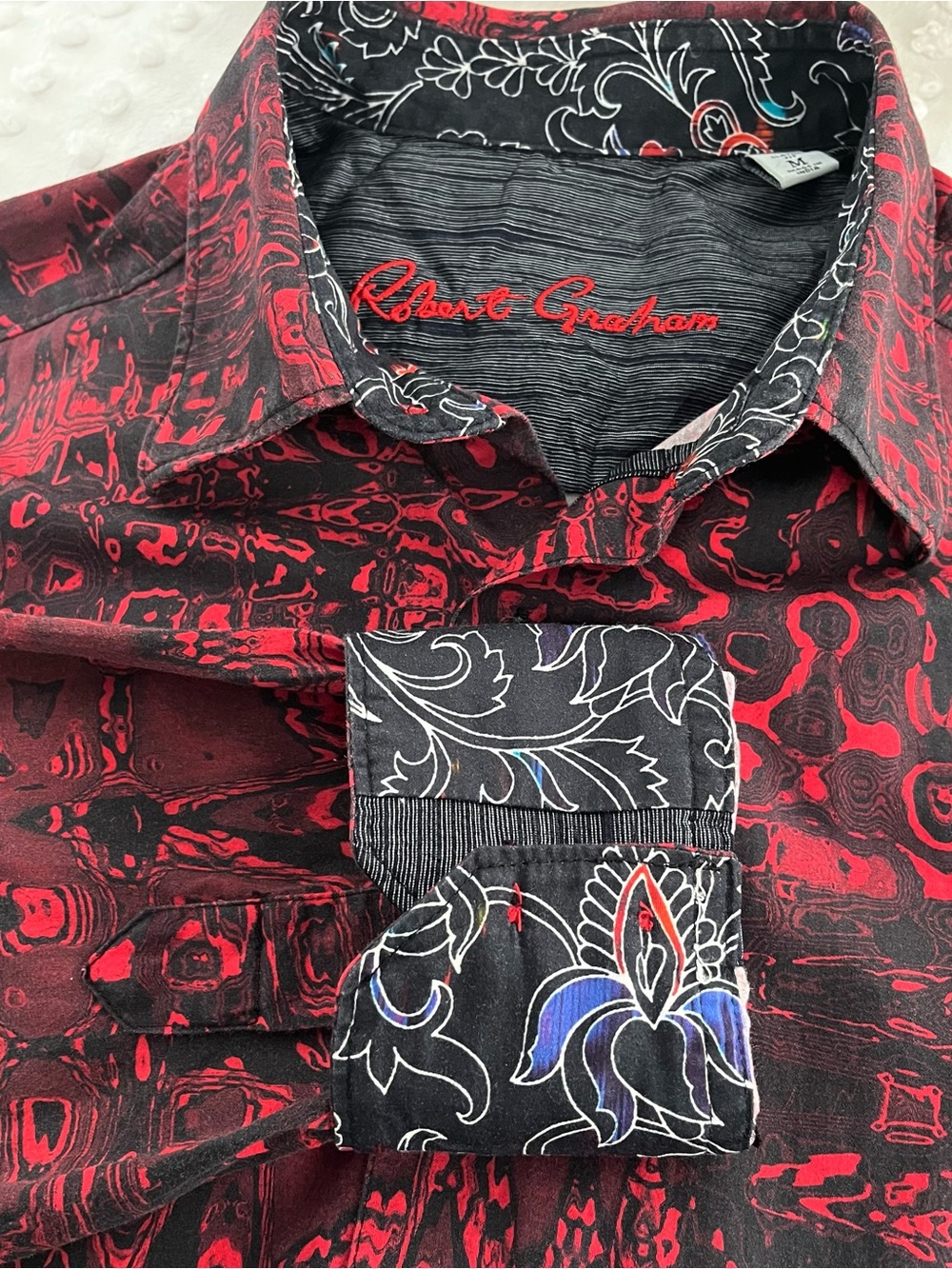 Robert Graham Men’s  Red Black Long Slv Button Shirt Contrast Patterned Cuffs M